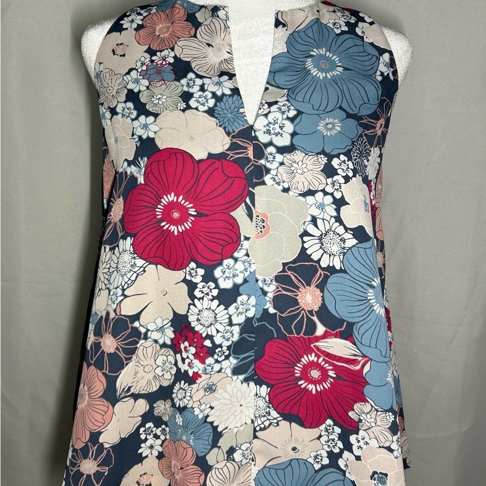 Loft Women’s Blue Red Beige Floral Sleeveless split v neck racerback size XS